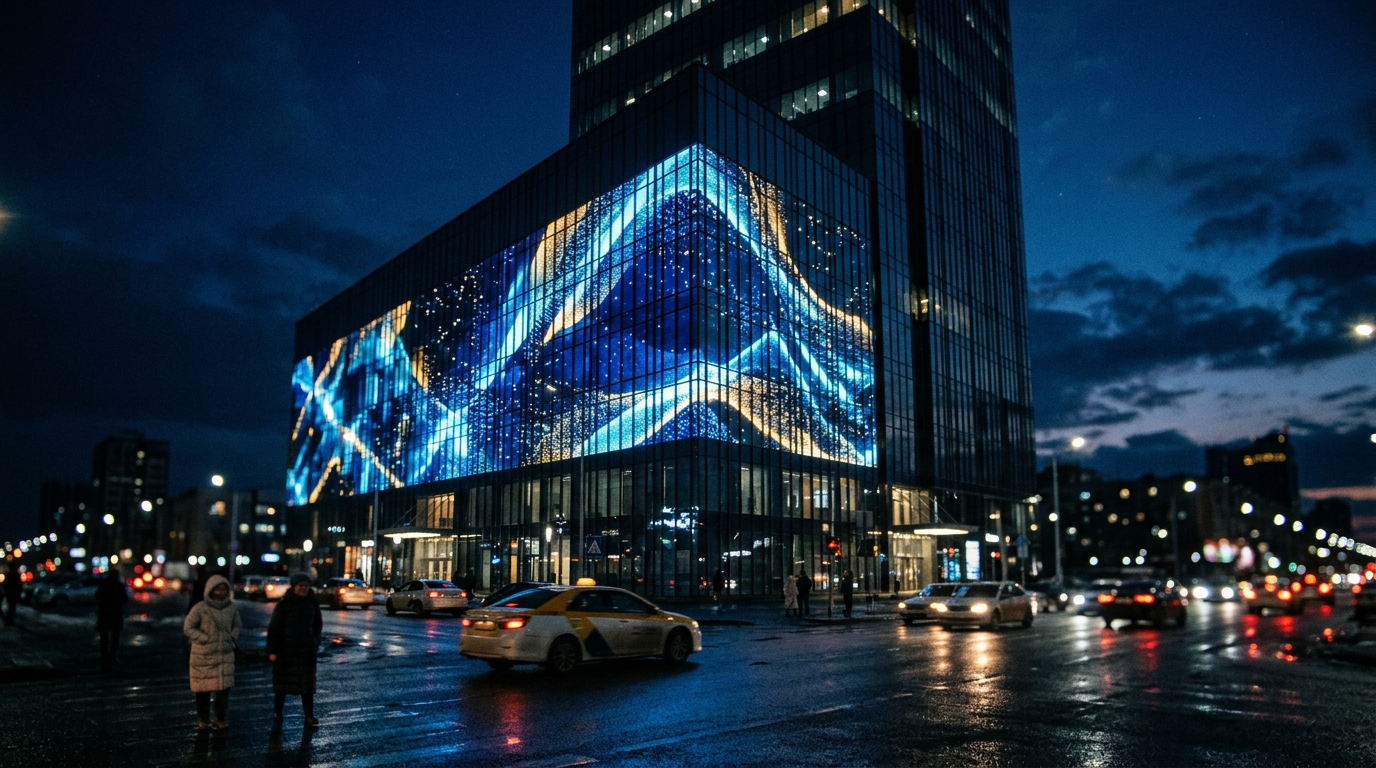LED-фасад бизнес-центра вечером, внизу проезжают машины