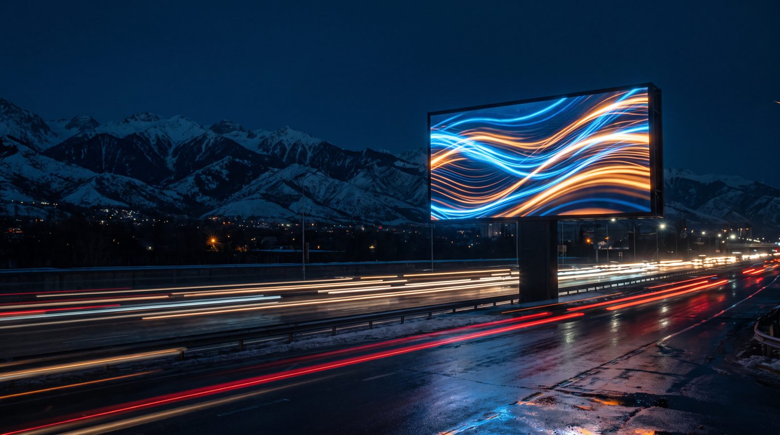 LED-билборд у объездной дороги Алматы на фоне гор