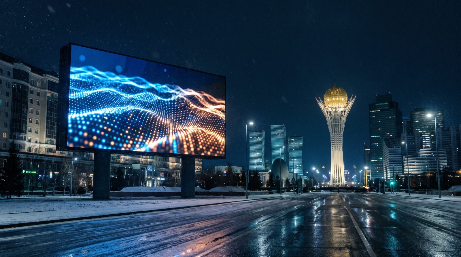 LED-билборд на бульваре Астаны, вдали Байтерек