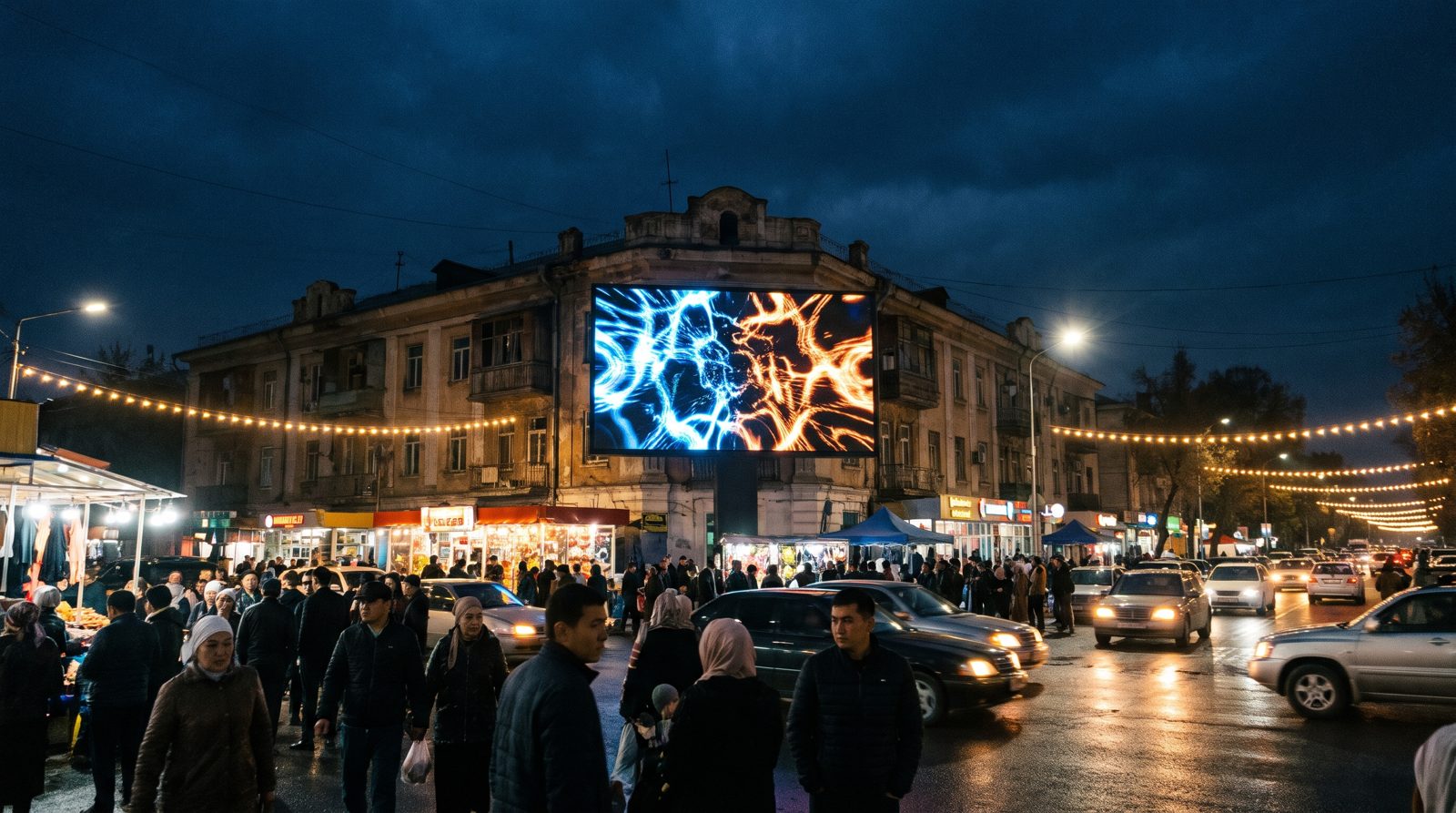 LED-экран над оживлённой улицей Шымкента у базара